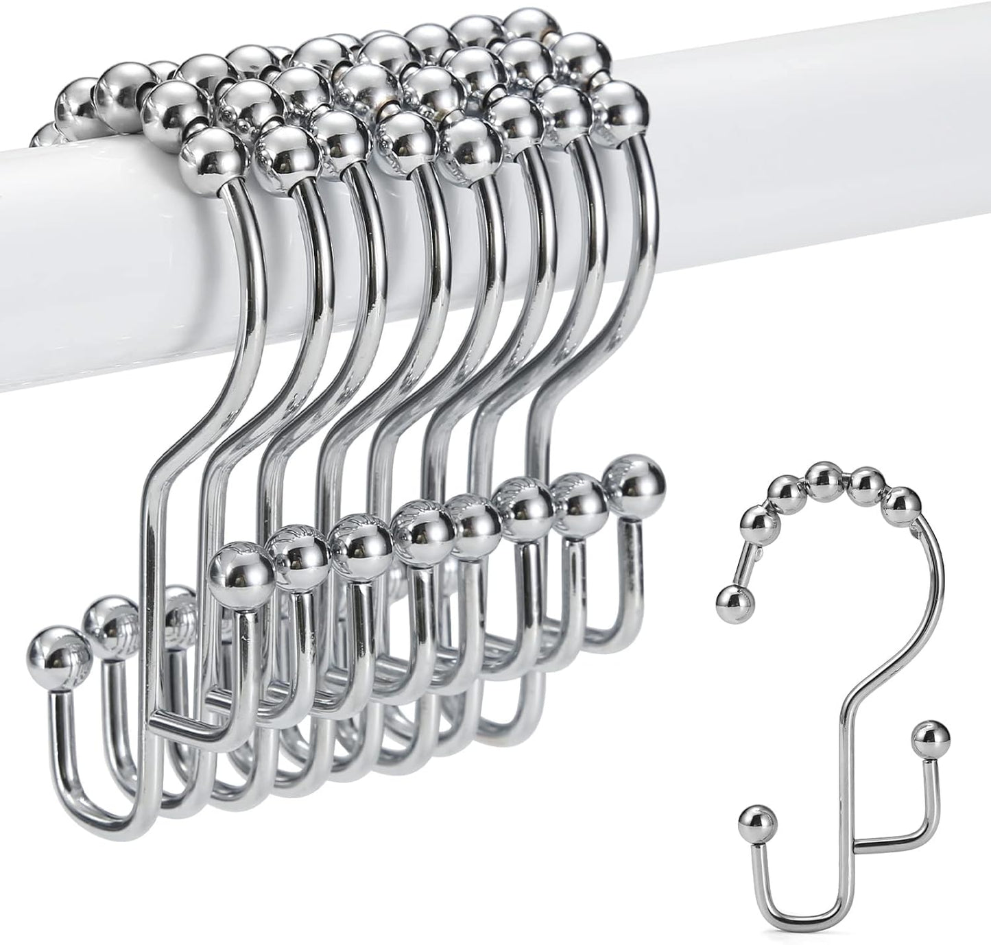 Shower Curtain Rings, SUTINE Shower Curtain Hooks, Stainless Steel Sliver Shower Curtain Hooks Rust Proof, Easy Sliding Double Shower Hooks for Shower Curtains & Liners, 12 Pcs (Chrome)