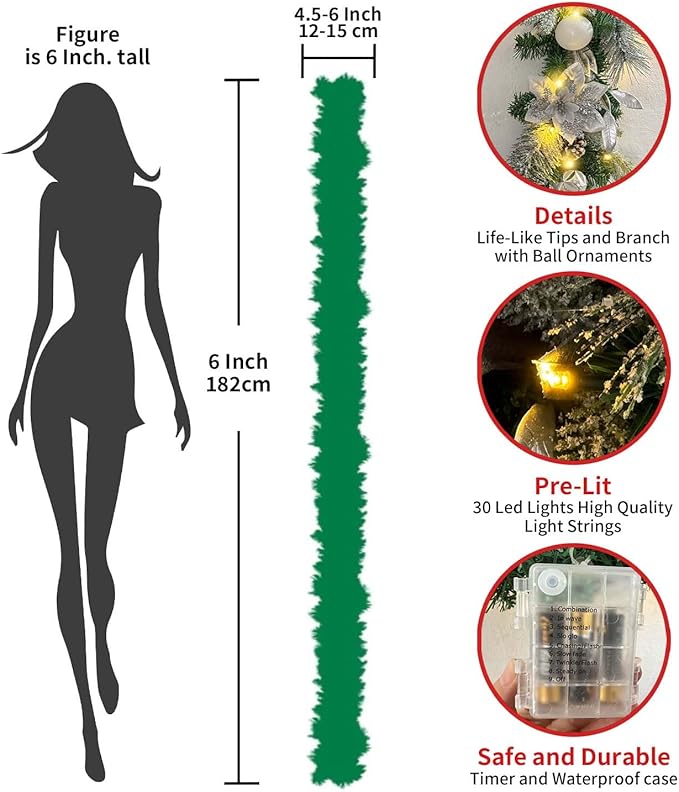 WANNA-CUL Pre-Lit 6 ft/ 72 Inch Christmas Garland with Lights for Front Door Decor with Silver White Christmas Ball Ornaments and Poinsettia Flowers,Battery Operated 30 LED Lights