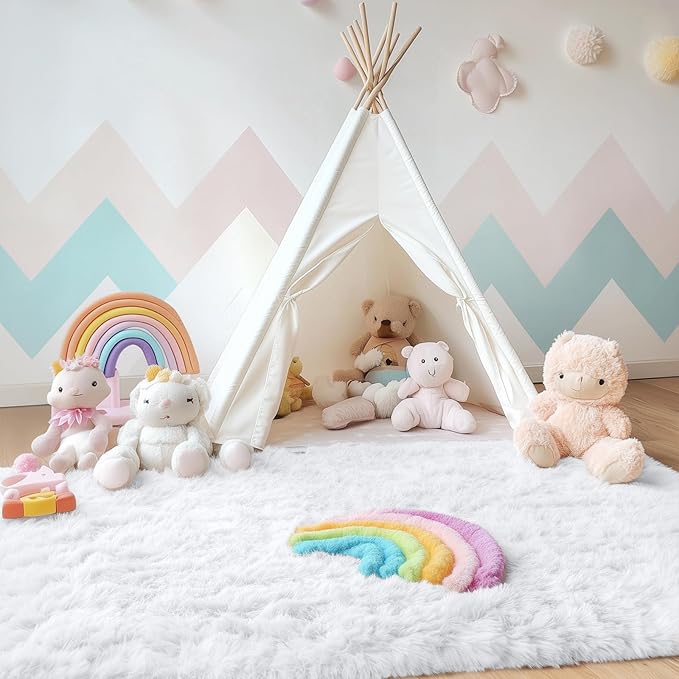 OLANLY 8x10 Machine Washable Large Area Rugs for Living Room, Bedroom, Soft Fluffy Shaggy Bedside Rug, Indoor Floor Carpet for Kids Girls and Boys, Dorms, Nursery, Home Decor Aesthetic, White