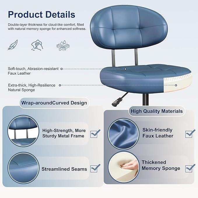 Misolant Vanity Chair with Back, Small Armless Cute Office Chair with Wheels and Lumbar Support, Comfy PU Leather Desk Computer Chairs with Adjustable Height, 360° Swivel for Home Bedroom, Navy Blue