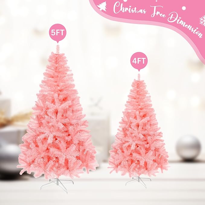 5ft Pink Artificial Christmas Tree, Arbol de Navidad with 600 Branch Tips, Fake Christmas Tree, Premium Spruce Xmas Tree with Fold-Able Metal Base Stand
