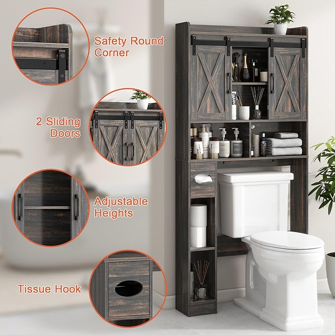 Over The Toilet Storage Cabinet, Farmhouse Storage Cabinet Over Toilet with Sliding Door& Toilet Paper Holder Stand，Home Space-Saving Toilet Rack, for Bathroom, Laundry and Restroom