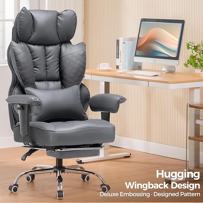 COMHOMA Big and Tall Office Chair 400LBS Wide Ergonomic Gaming Chair with Deluxe Embossing Designed Leather with Foot Rest,150°Reclining Adjustable Armrests Pocket Spring Back Support and Pillow