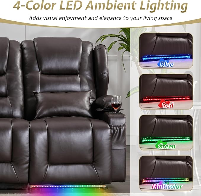 SAMERY Power Loveseat Recliner Sofa with Adjustable Split Back, Multi-Port Charger, Flip-Up Backrest & LED Lighting - Home Theater Seating with Storage, Cup Holders, Brown Faux Leather Loveseat