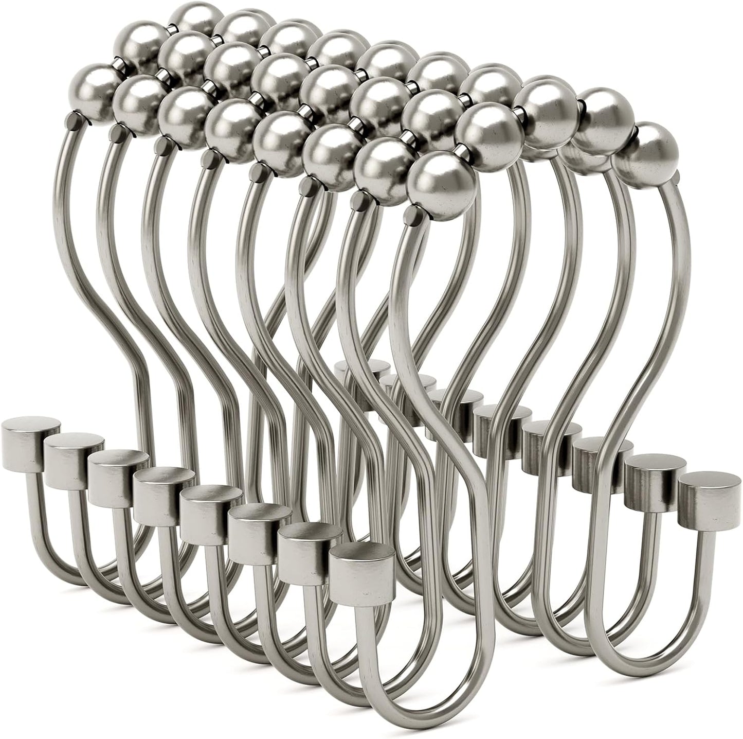 Shower Curtain Hooks, Shower Curtain Rings Rust Proof Double Hook Shower Curtain Hooks with Clindrical Design, 12 Pcs Nickel Shower Hooks for Shower Curtain, Metal Shower Rod Hooks