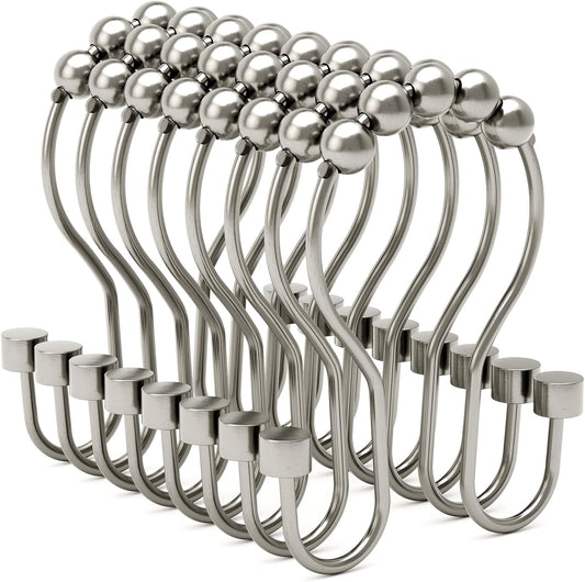 Shower Curtain Hooks, Shower Curtain Rings Rust Proof Double Hook Shower Curtain Hooks with Clindrical Design, 12 Pcs Nickel Shower Hooks for Shower Curtain, Metal Shower Rod Hooks