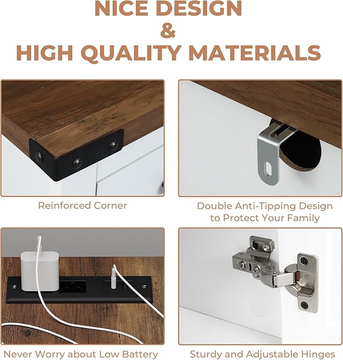 Hutch Storage Cabinet Buffet with Drawers, and Charging Station, Coffee Bar Cabinet with Barn Doors, Wine Rack and Hooks, Countertop, Long Farmhouse, White, for Kitchen, Dining Room, 54.1" High