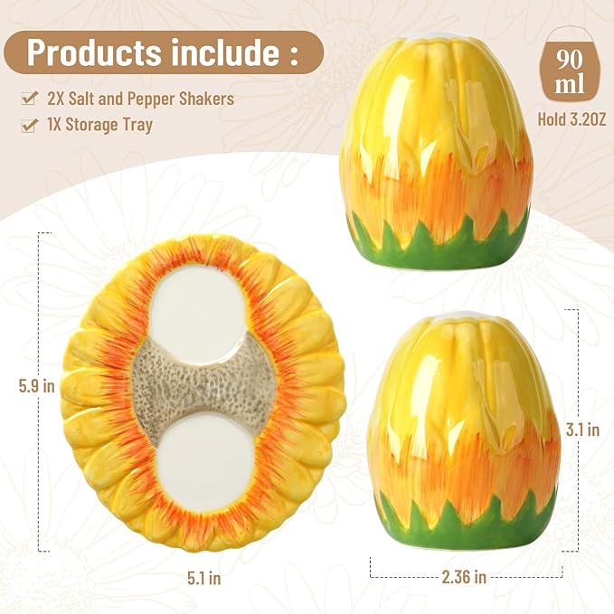 Salt and Pepper Shakers Set,Ceramic Cute Salt Pepper Shaker with Tray,Farmhouse Kitchen Gadget Decor, Sunflower Spice Salt Shaker for Home Restaurants, Cooking Table, Camp, BBQ, Refillable