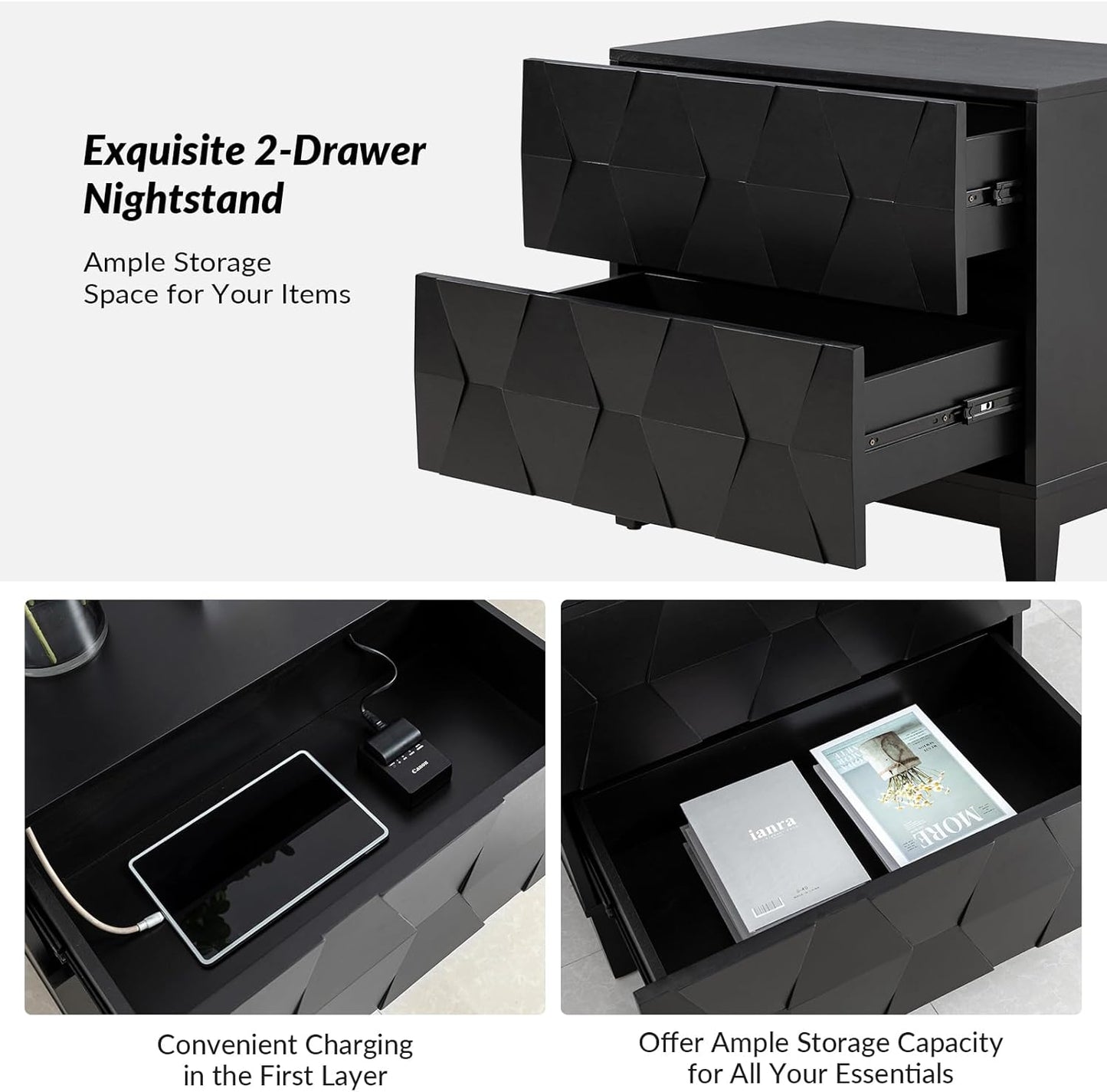 HULALA HOME Wood Nightstand with Charging Station 2 Drawer Dresser with Wooden Legs Mid Century Modern Bedside French Style End Table for Bedroom, Black