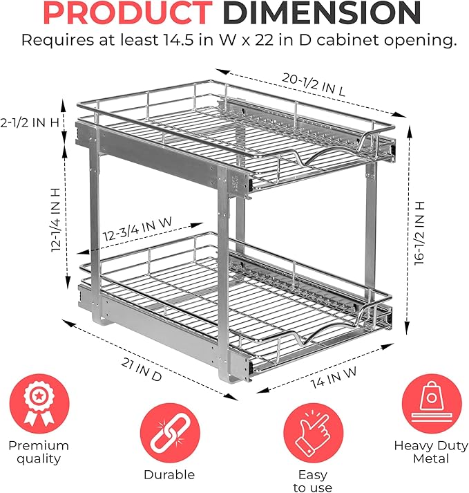 HOLDN’ STORAGE Two Tier Pull Out Cabinet Organizer, Individual Sliding Drawers - Heavy Duty Metal with Lifetime Limited Warranty - Anti Rust Chrome Finish - 14.5" W x 21”D x 16.5" H