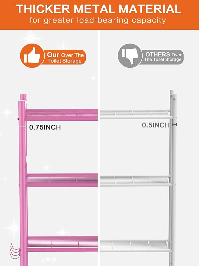 3-Tier Over The Toilet Storage, Space Saver Metal Bathroom Shelves, Freestanding Above Over Toilet Storage Shelf with 4 Hooks for Bathroom, Pink