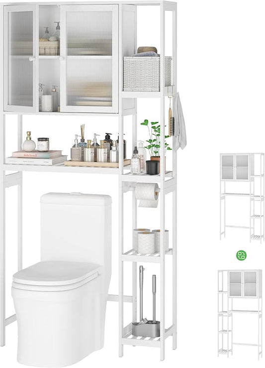 Over The Toilet Storage Cabinet Above Toilet Bathroom Organizer with Toilet Paper Holder Stand Bath Organizer with Adjustable Shelves & Acrylic Doors,Anti-Tip Device (White, 3 Tiers with Cabinet)
