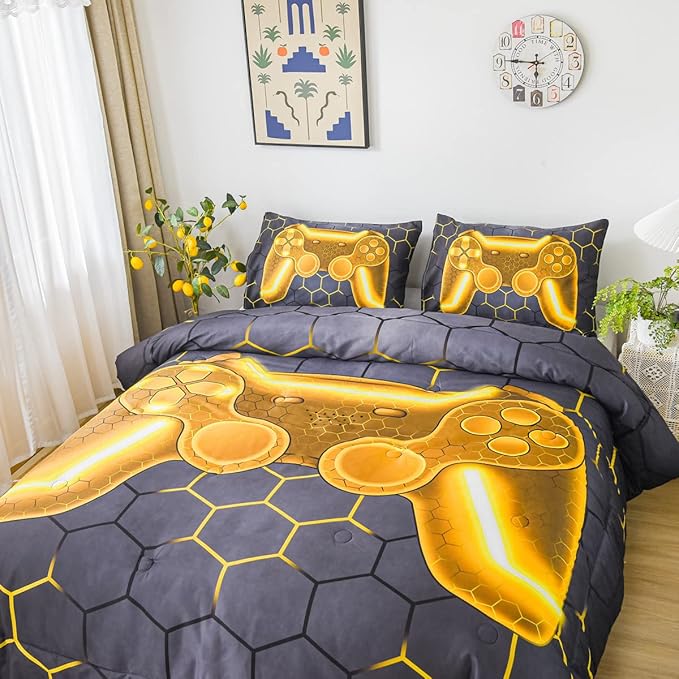 NTBED Game Console Comforter Set for Boys Girls Kids 3D Gaming Geometric Lightweight Microfiber Bedding Sets (Gold, Twin)