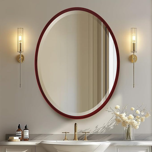 OVALCREST - Oval Wooden Beveled Wall Mirror for Home Decor, Bathroom, Vanity, Bedroom, Living Room, Hallway - London Style (Black Cherry) 31.1 x 41.1