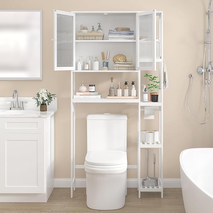 Over The Toilet Storage Cabinet Above Toilet Bathroom Organizer with Toilet Paper Holder Stand Bath Organizer with Adjustable Shelves & Acrylic Doors,Anti-Tip Device (White, 3 Tiers with Cabinet)