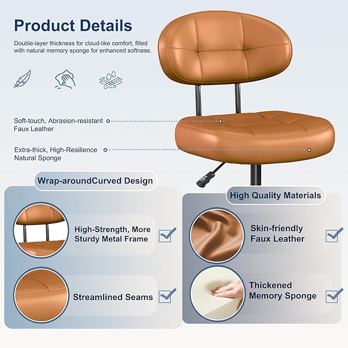 Misolant Vanity Chair with back, Small Armless Cute office Chair with wheels and Lumbar support, Comfy PU Leather Desk Computer Chairs with Adjustable Height, 360°Swivel for Home Bedroom Office, Brown