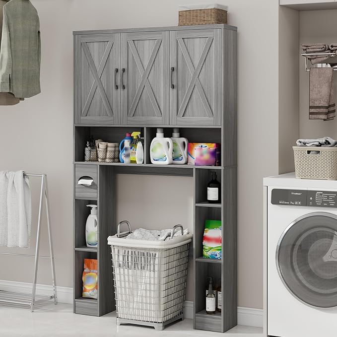 Over The Toilet Storage Cabinet, Farmhouse Toilet Cabinet Rack with 3 Barn Doors, Space Saving Bathroom Organizer with Shelves, Toilet Paper Holder and Towel Rack for Bathroom,Restroom,Laundry
