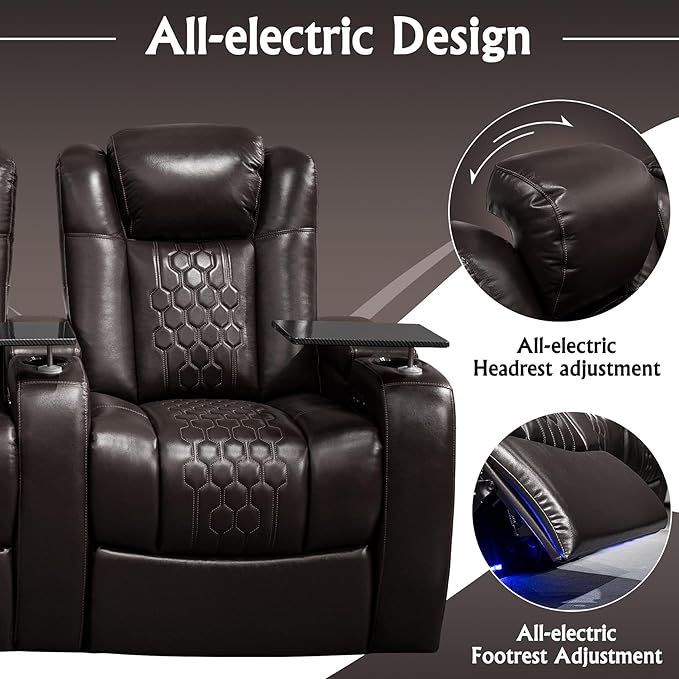 Home Theater Seating, Living Room, Powered Headrest, Powered Lumbar, Italian Leather, Powered Recline, Single Recliner (Coffee Color, Row of 3 Loveseat Left)