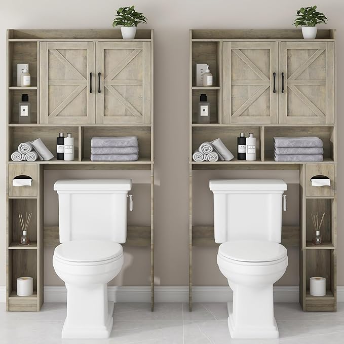 Over The Toilet Storage Cabinet, Farmhouse Storage Cabinet Over Toilet with 2 Barn Door & Toilet Paper Holder Stand，Home Space-Saving Toilet Rack, for Bathroom, Restroom, Laundry