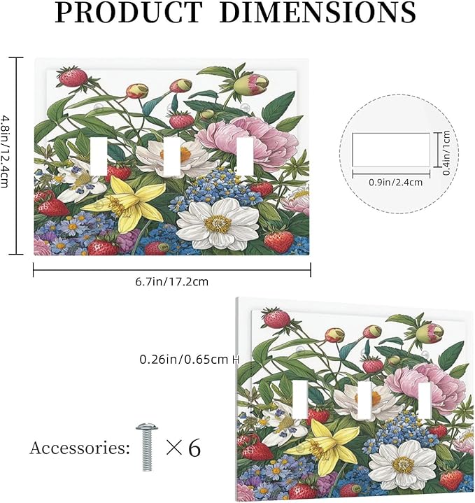 Spring Watercolor Flower Plant Strawberry Peony Floral Decorative Switch Plates 3 Gang Wall Plate Faceplate Electrical Wall Panels Triple Toggle Light Switch Cover for Bedroom living Room Decor