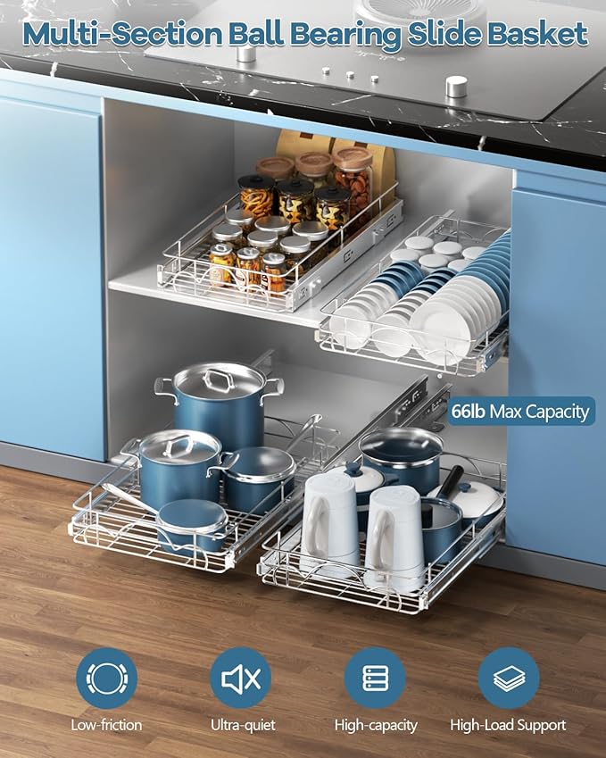 Pull Out Cabinet Organizer, Home Shelf Organization, Heavy-Duty Pull Out Shelves for Cabinets, Slide Out Drawers Organizer for Kitchen, Pantry(17" W*21" D)