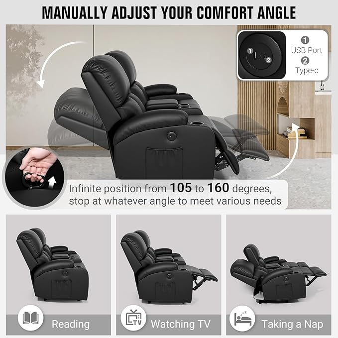 Home Theater Seating,RV Recliner Sofa with Massage and Heat,Manual RV Recliner Loveseat with USB/Cup Holders and Side Pocket for Living Room,3 Loveseat Black