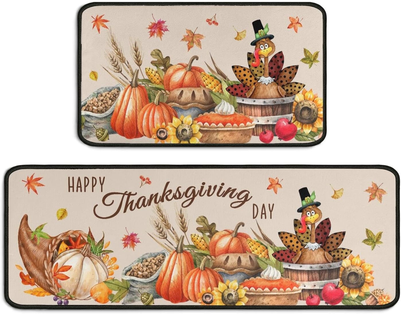 2 Piece Thanksgiving Kitchen Decor Rugs Set,Fall Kitchen Rugs and Mats Non Skid Washable Absorbent Kitchen Accessories Decoration Floor Mats 17"x47"+17"x30"