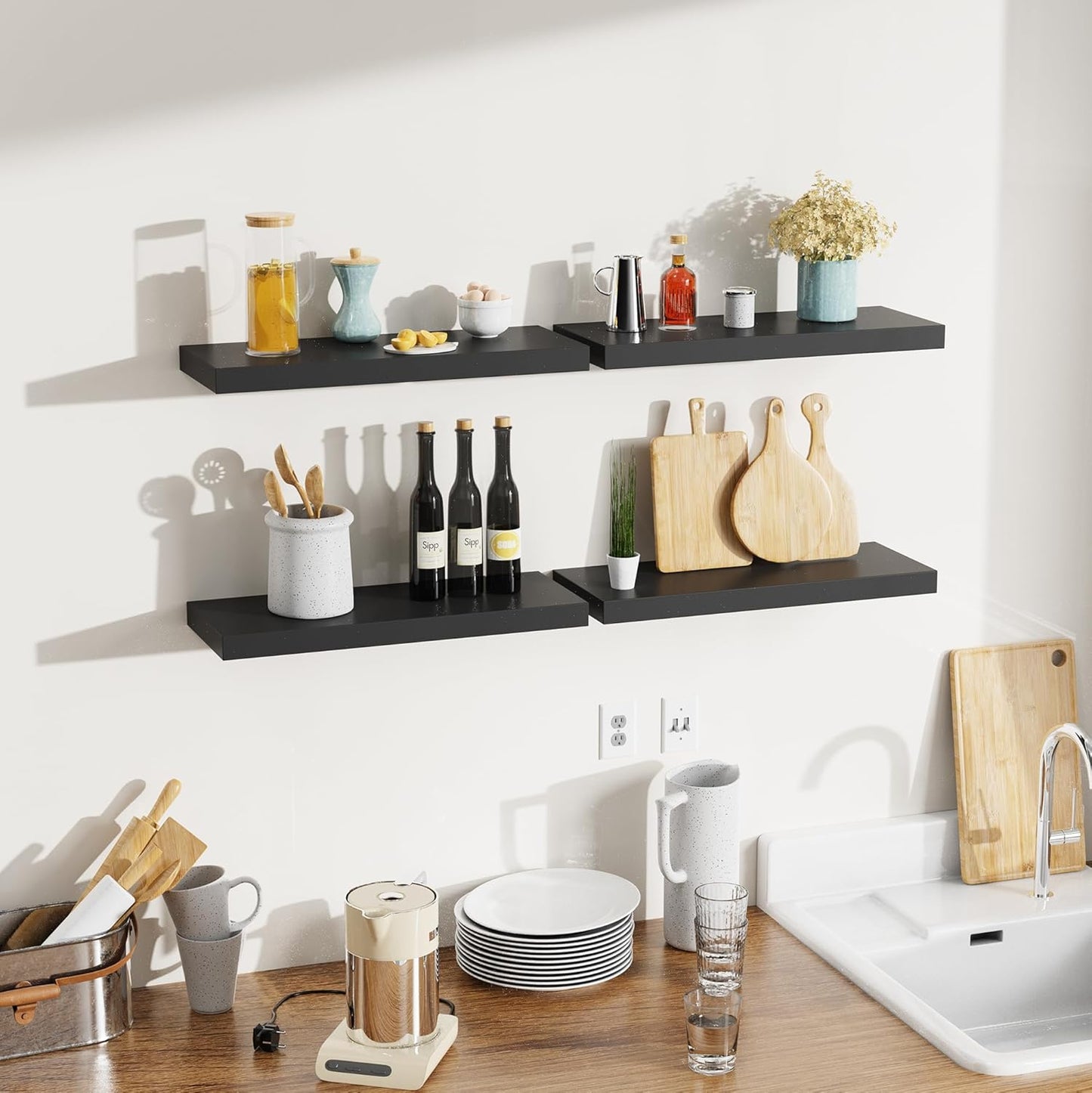 Bellsal Floating Shelves for Wall, Black Engineered Wood Wall Shelf Set of 4, 16" Wall Mounted Floating Shelf for Kitchen, Living Room, Bedroom, Bathroom Storage, Book Shelf for Home Decor