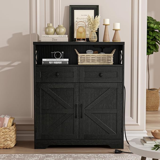 31.5" Black Storage Cabinet with Drawers and Shelf, Farmhouse Sideboard Buffet with Storage, Kitchen Pantry Hutch, Coffee Bar Cabinet Station Table for Kitchen, Living, Dining Room