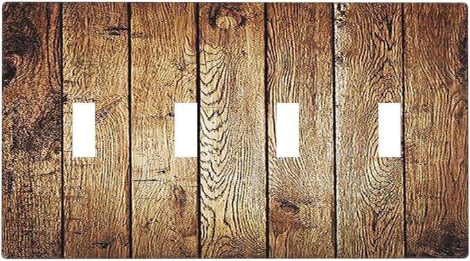 Rustic Brown Wood Natural Wooden Light Switch Covers Quad Toggle 4 Gang Wall Plate Decorative Switch Plates Electrical Faceplate for Bedroom Home Decor