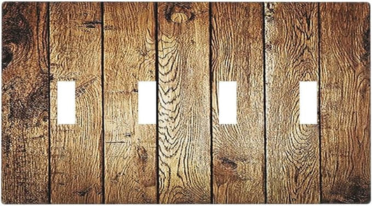 Rustic Brown Wood Natural Wooden Light Switch Covers Quad Toggle 4 Gang Wall Plate Decorative Switch Plates Electrical Faceplate for Bedroom Home Decor