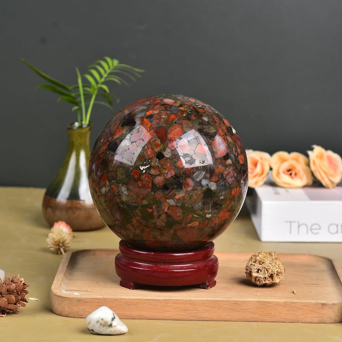 JIC Gem Large Brazilian Red Agate Crystal Sphere Gemstone Sphere Red Healing Crystal Ball with Display Stand Home Decor Meditation Grid Energy Balance (100-110mm)