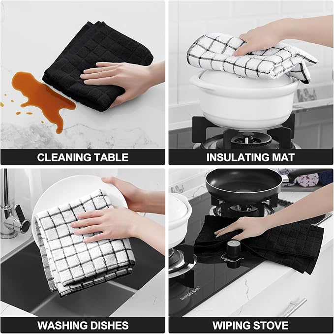 Homaxy Premium Cotton Kitchen Towels 16"x 28", Large Natural Ring Spun 390 GSM Dish Towels, Super Absorbent Terry Kitchen Hand Towels, Soft Tea Towel with Hanging Loop, Black Check Design, 6 Pack