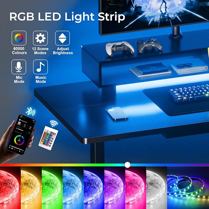 GTPLAYER Electric Standing Desk with Drawers, 55 x 24 Inch Height Adjustable Gaming Desk with Monitor Stand, Power Outlets & LED Lights, Home Office Sit Stand Up Desk with Memory Preset (Black)