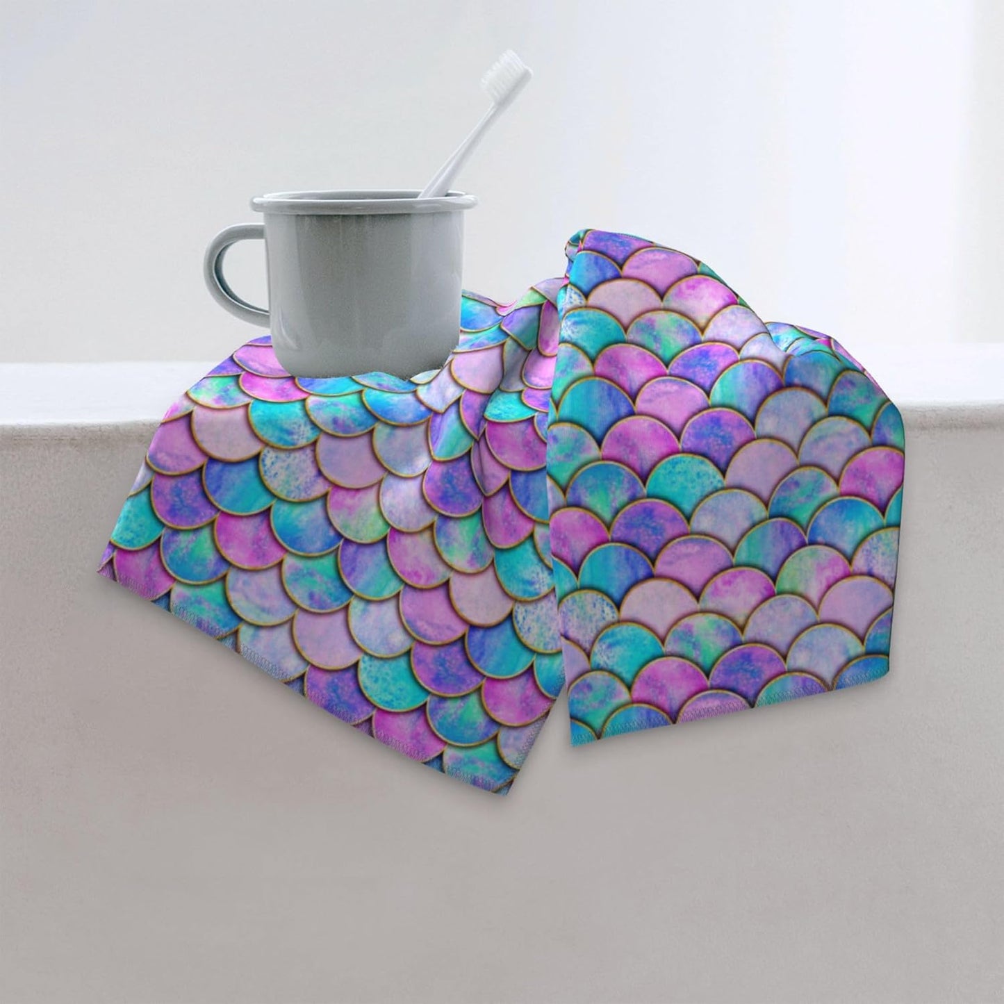 Cute Mermaid Scales Decorative Bath Hand Towels for Bathroom Set of 2, 14x28 Inch Rainbow Bathroom Hand Towels for Yoga Swim Hotel Spa Home Bathroom Decor