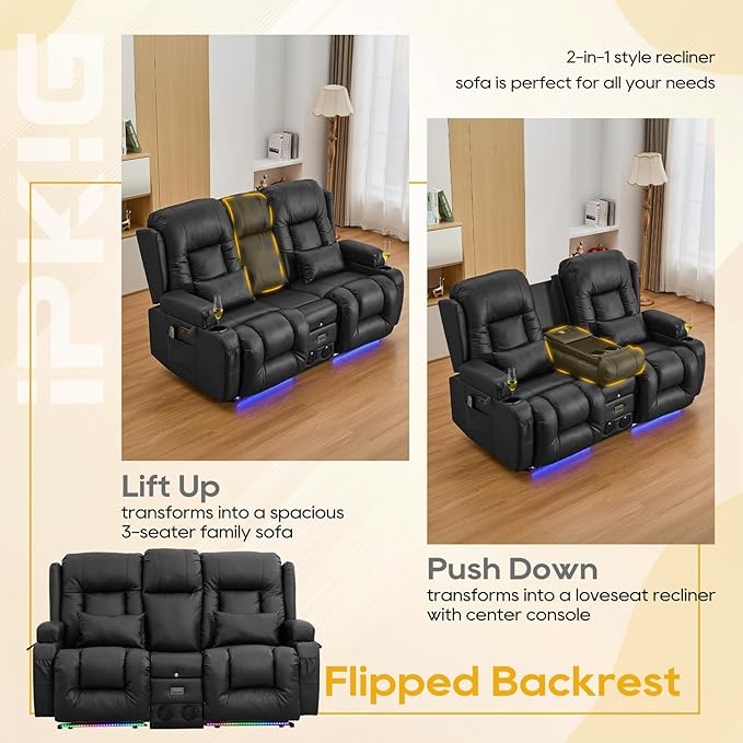 IPKIG 67" Power Reclining Loveseat Sofa, Electric Home Theater Seating with Console/4 Colors Ambient Lighting/Bluetooth Speakers/USB Ports/Built-in Outlets (Black, Loveseat Recliner)