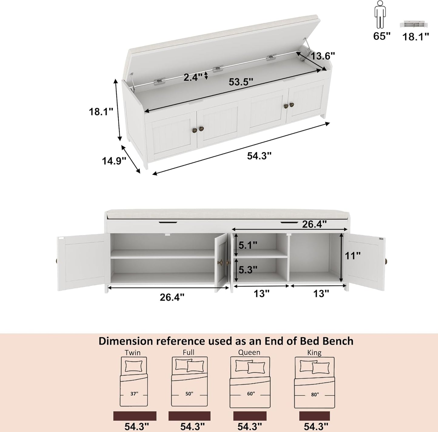 HOMEFORT 54.4" Shoe Bench with Lift Top Storage, Entryway Bench with Cushioned Seat, Wooden End of Bed Bench, Shoe Cabinet Bench with Hidden Storage Space, for Bedroom, Hallway,White