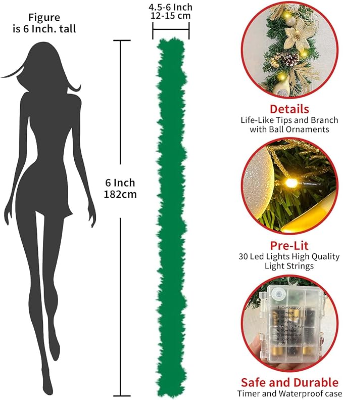 WANNA-CUL Pre-Lit 6 Feet/72 Inch Christmas Garland for Front Door with Lights Champagne Gold Christmas Mantel Garland Decoration with Ball Ornaments, Poinsettia Flowers,Ribbon,Battery Operated 30 LED