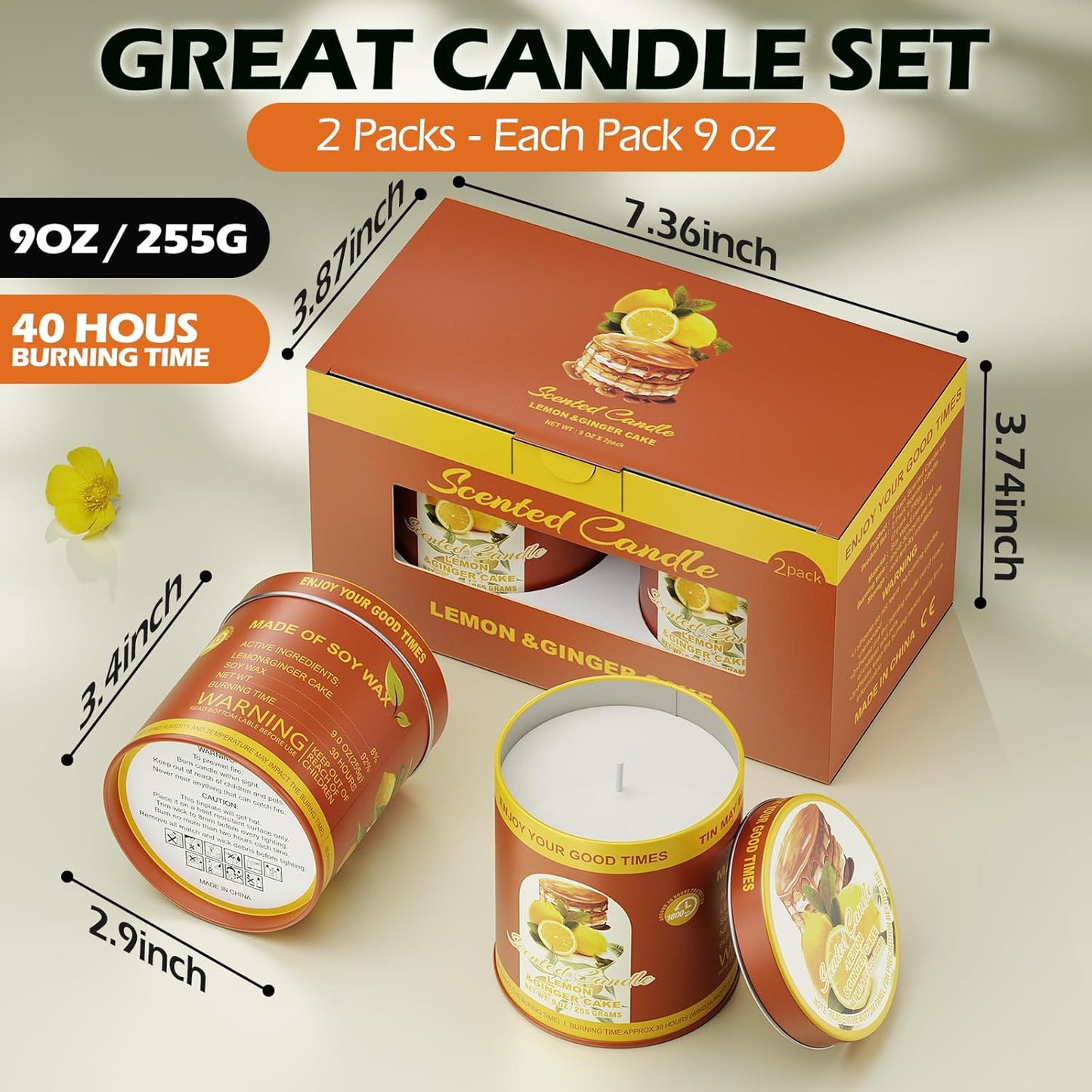 Lemon Ginger Cake Scented Candles Set | 2Pack 18OZ 8% Essential Oils 80H Burn Time | Clean Burning Smokeless for Aromatherapy Tin Jar Soy Wax Candle, Meditation, Yoga, Spa Gift Set for Men&Women