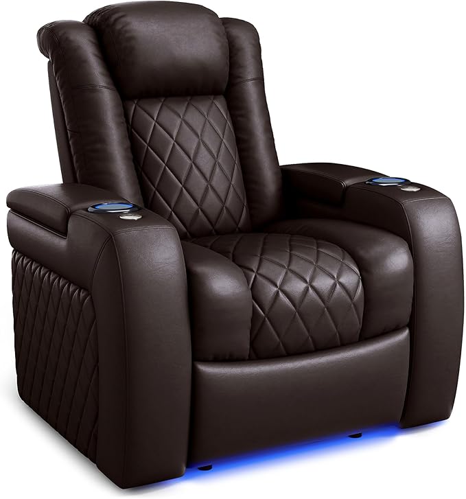 Valencia Tuscany Home Theater Seat - Nappa Leather Power Recliner with Cool Gel Memory Foam, USB-C/A Charging, RGB LED Lights, Adjustable Lumbar & Headrest (Single Recliner, Dark Chocolate)