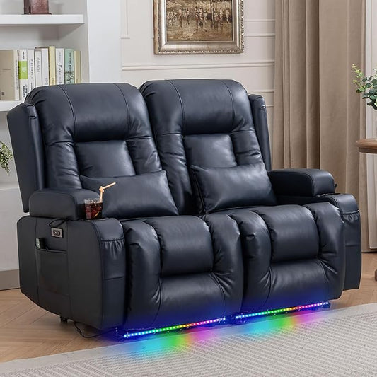 IPKIG 54" Power Loveseat Recliner Sofa, Electric Home Theater Seating with Massage Heat/4 Colors Ambient Lights/USB Port/Side Pocket/Cup Holder for Living Room, Bedroom, Home (Blue, 2 Seater)