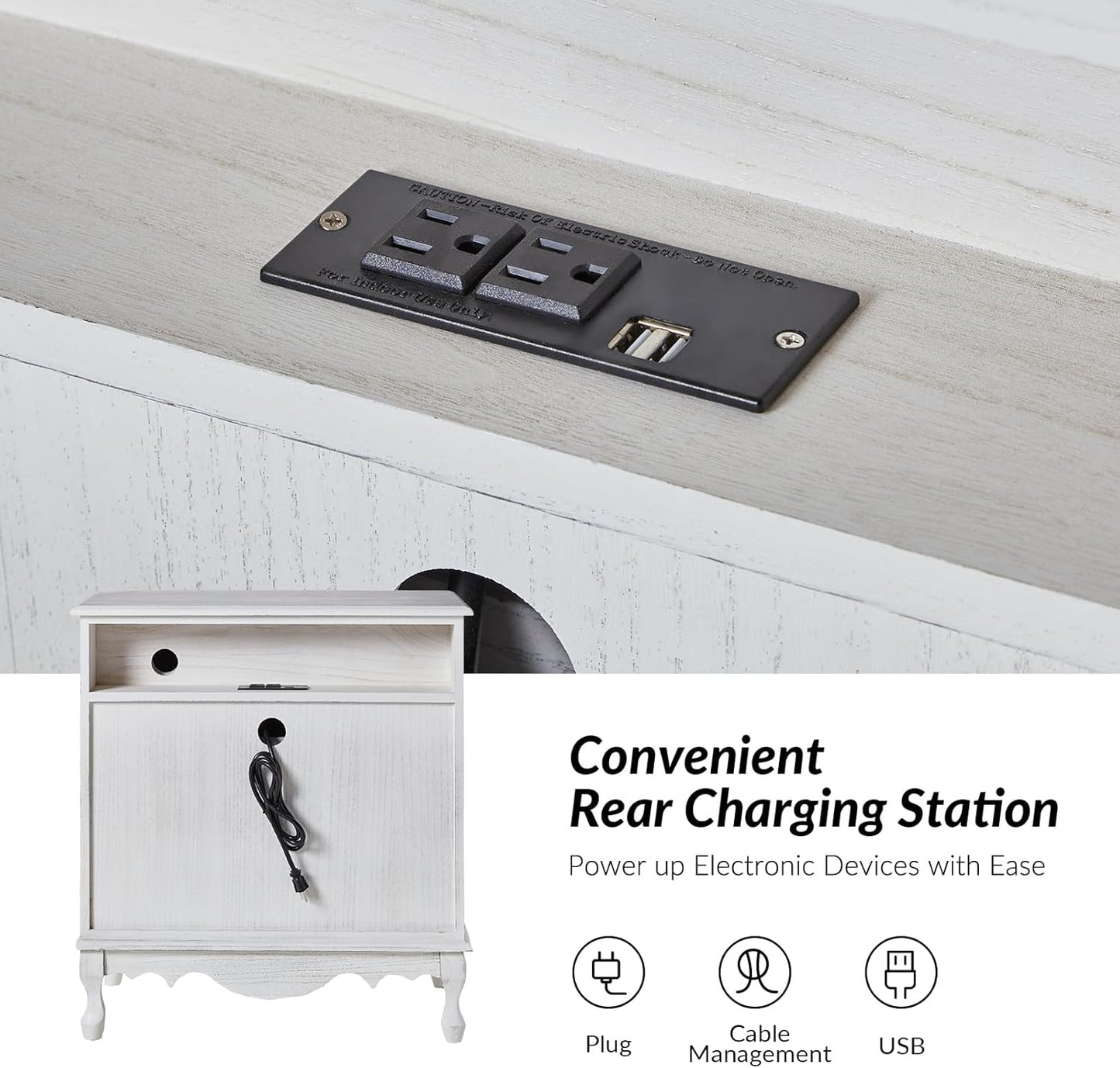 HULALA HOME 3-Drawer Nightstand with Charging Station, Drawer Organizer with Wood Legs, Farmhouse Solid Wood Nightstand Set of 2(White)