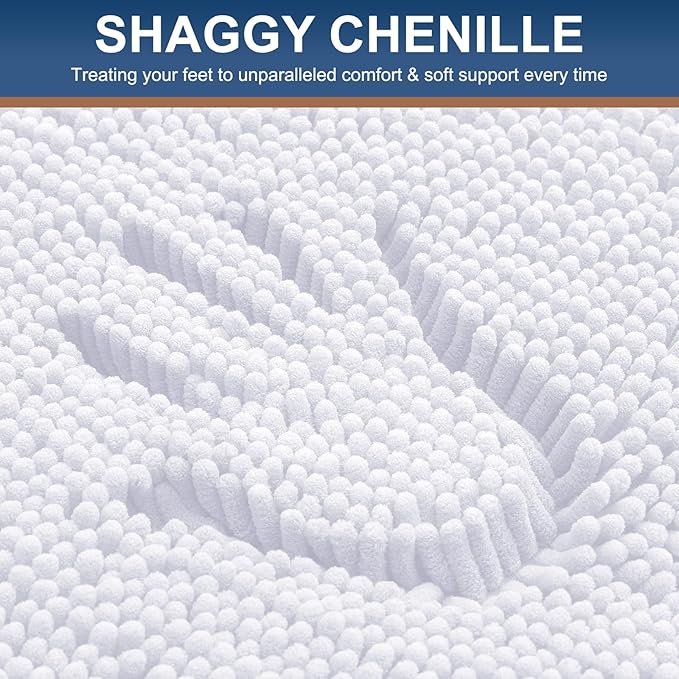 Smiry Luxury Chenille Bathroom Rugs 30x20, Extra Soft and Absorbent Shaggy Bath Mat, Machine Washable, Non-Slip Plush Carpet Runner for Tub, Shower, and Floor, Home Decor Accessories, White