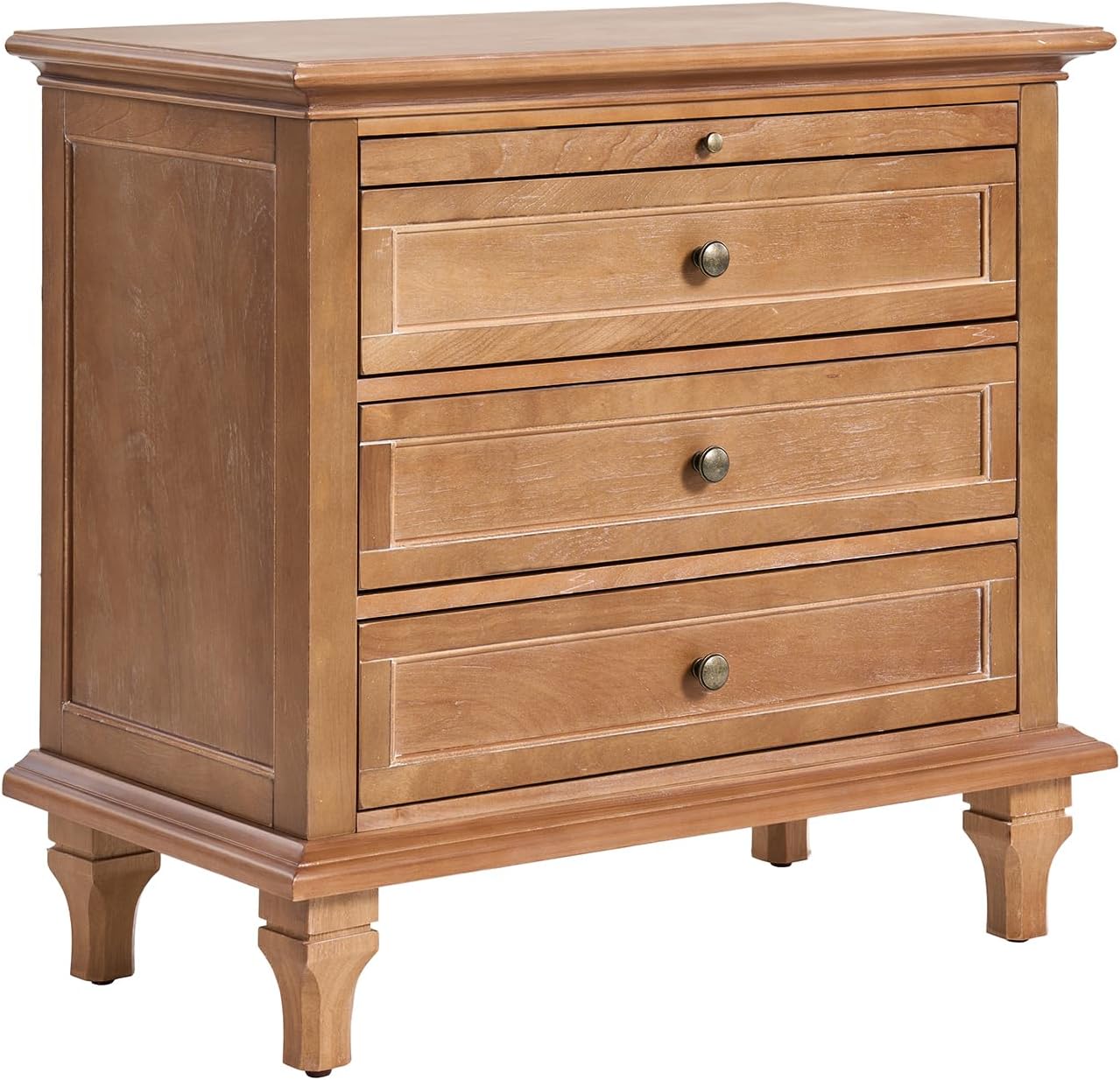 HULALA HOME Farmhouse 3 Drawer Nightstand with Tray, Drawer Organizer with Solid Wood Legs, Nightstand with Charging Station,Acorn