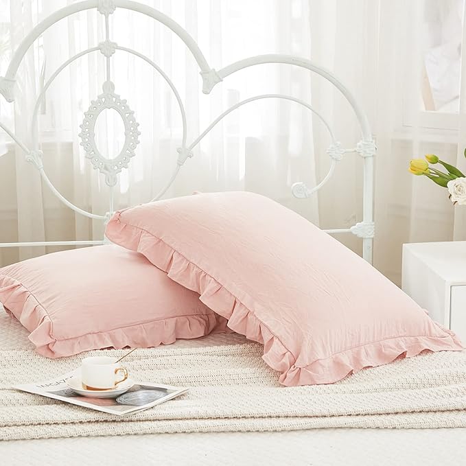 Pink Pillowcases King Pillowcases Ruffled Pillow Shams Set of 2 Cute Pillowcases Solid Ruffled Fringe Design Baby Pink Shabby Chic Pillowcases 2 Pack (King (20''x36''), Pink)