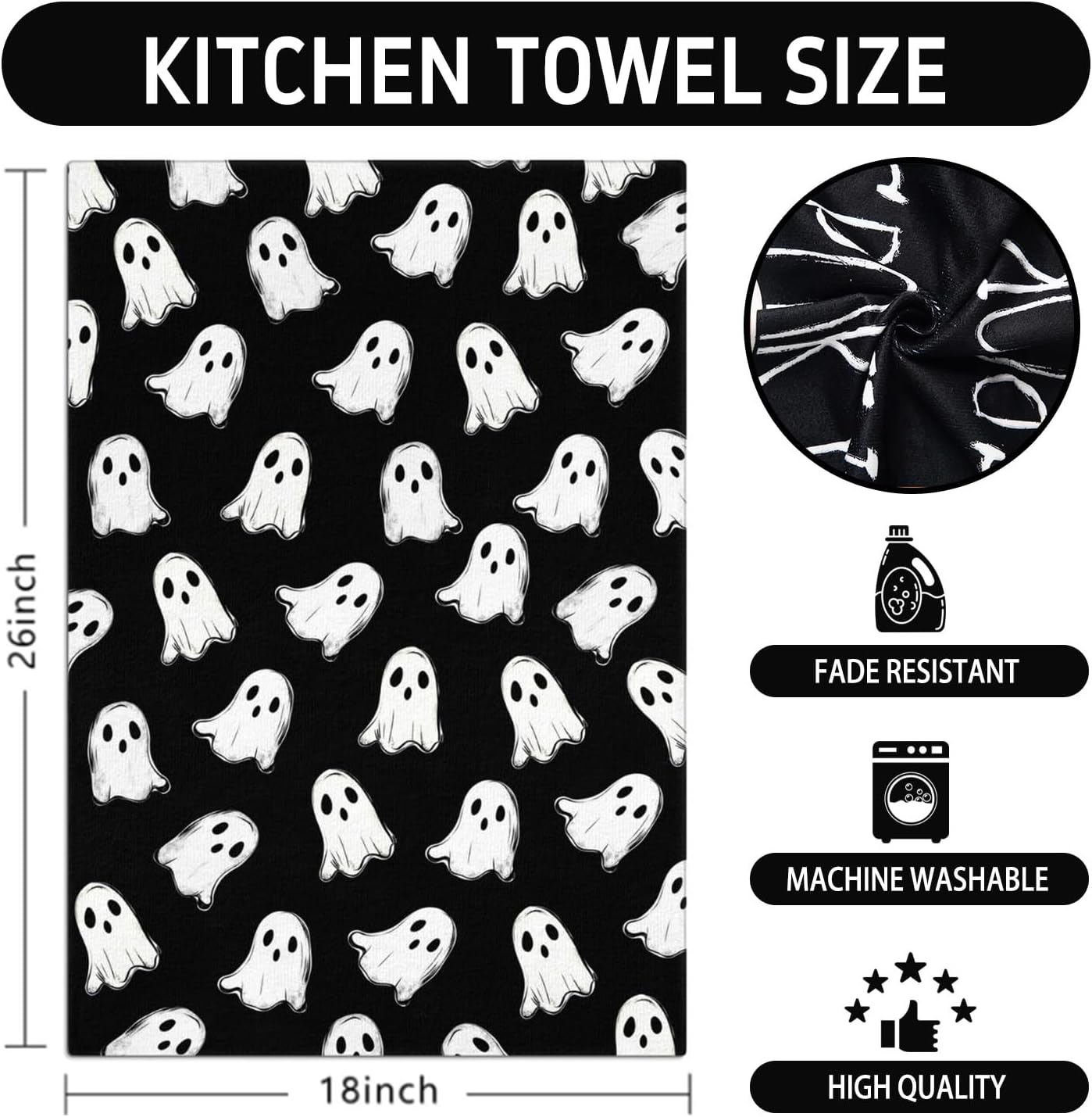 Halloween Kitchen Towels, Black White Spooky Ghost Dish Towels, Hand Towels Holiday Home Indoor Bathroom Party Seasonal Decorations Set of 2, 18x26 Inch
