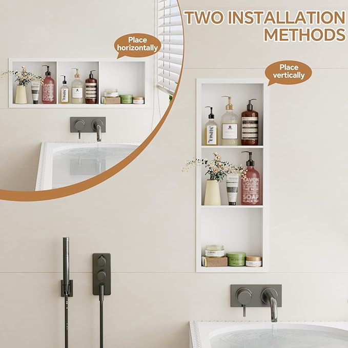 3-Tier Stainless Steel Shower Niche Insert, 36'' * 12'' No Tile Needed Bathroom Niche for Shower Wall, Recessed Wall Cabinet Shelves for Drywall, Living Room, in Wall Shower Shelves, White