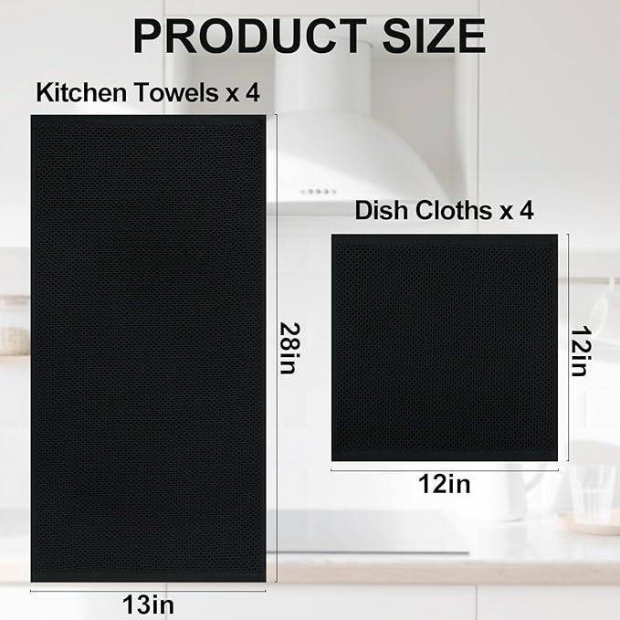 Homaxy 100% Cotton Kitchen Towels and Dishcloths Set, 12 x 12 Inches and 13 x 28 Inches, Set of 8 Bulk Kitchen Towels Set, Ultra Soft Absorbent Dish Cloths for Washing Dishes, Black