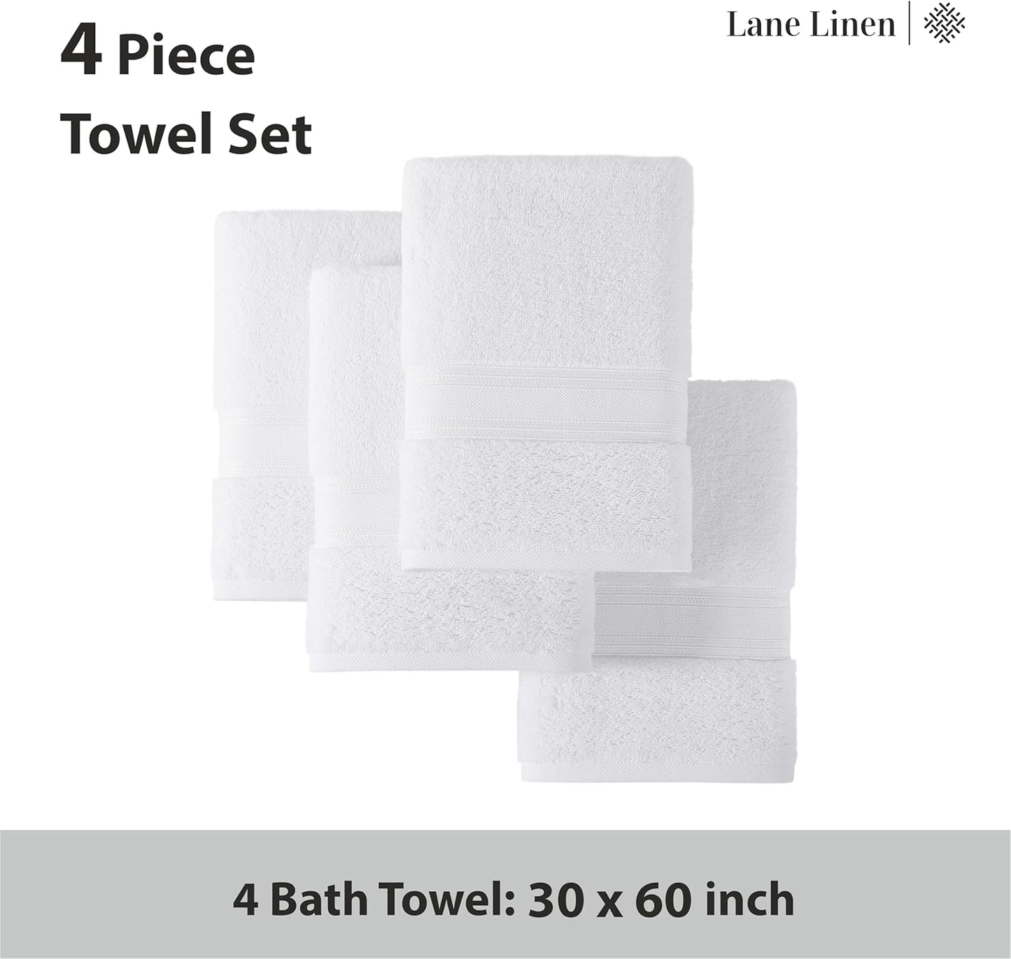 LANE LINEN 100% Cotton 4 Pack Bath Towels (30"x60") - Zero Twist, Cotton - Large Towels for Bathroom - Quick Drying, Highly Soft & Absorbent Shower Towel Set - Hotel & Spa Quality - White Towel Set