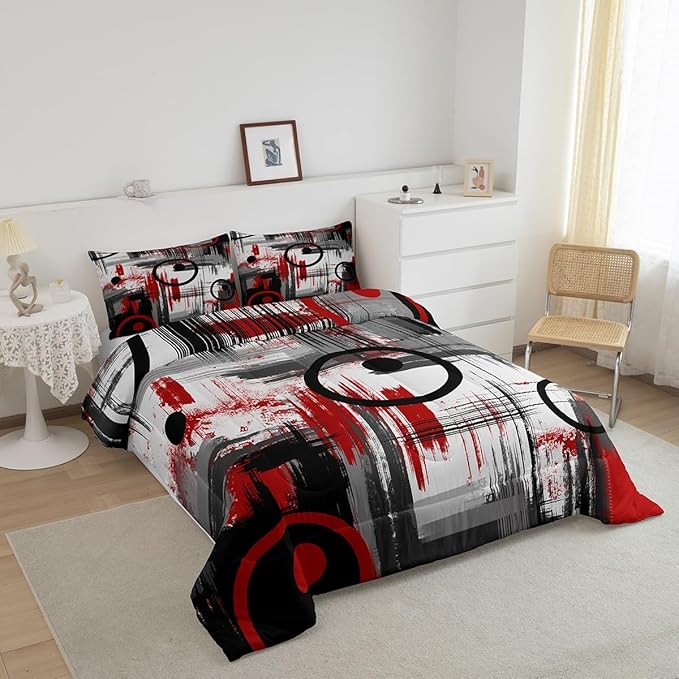 Kids Abstract Comforter Set Full Size Modern Art Bedding Set for Boys Girls Teens Bedroom Decor Geometric Comforter Women Men Geometry Red Black Duvet Set with 2 Pillow Case